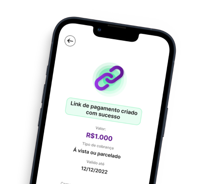 iPhone mostrando um link de pagamento criado com sucesso, o valor, o tipo de pagamento, a validade e opções para compartilhar