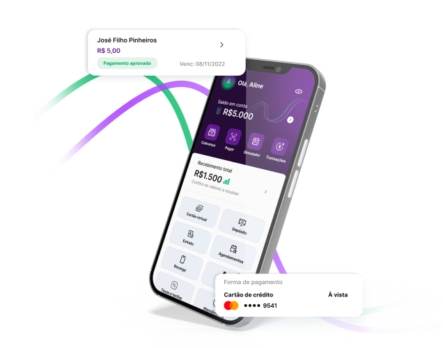 Telefone iPhone com a página inicial do internet banking da AqBank mostrando o saldo disponível, o valor investido, opções e dois balões, um com o exemplo de um lançamento aprovado e outro com a forma de pagamento.